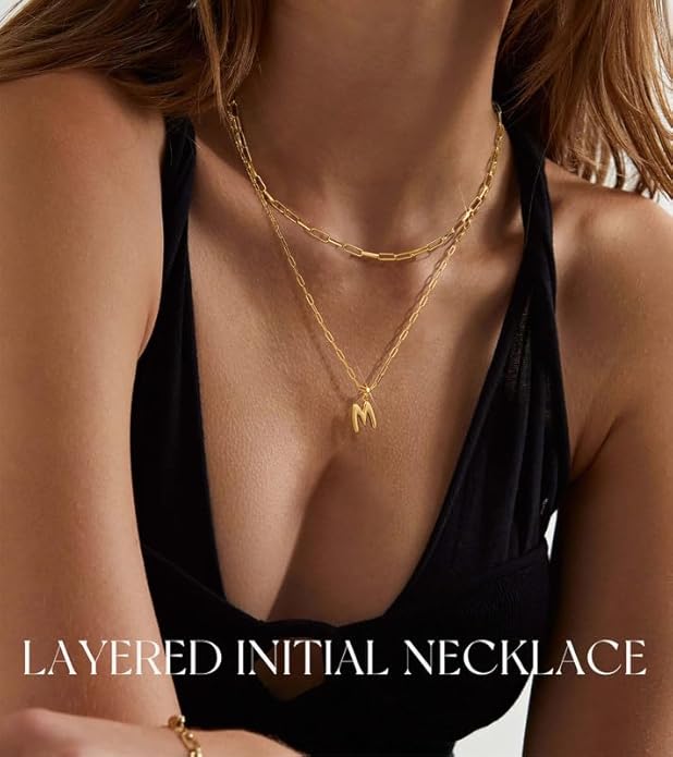 adoyi Gold Necklace for Women Layered Bubble Heart Letter Initial Necklaces for Women Trendy Jewelry 14K Gold Plated Chain Chunky Name Necklace Stack Charm A-Z Pendant Set Jewelry Gifts