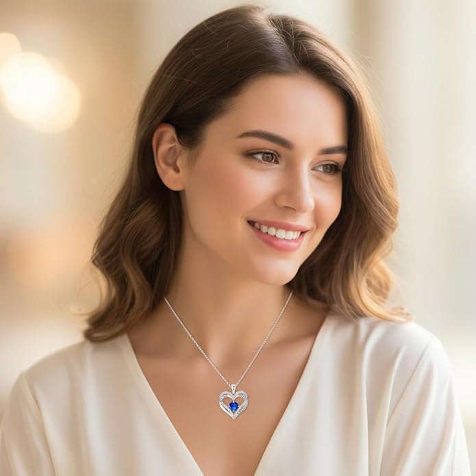 Birthstone Heart Necklace for Women Wife Girlfriend Mom Daughter Gifts S925 Silver Jewelry For Anniversary Rose Gold Gifts For Birthday Christmas Mothers Valentines Day