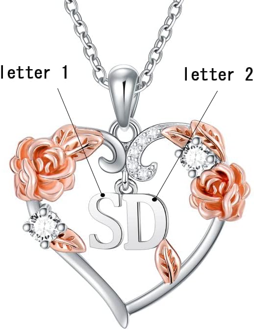 AOBOCO Rose Heart Necklaces Valentines Gifts for Women, 925 Sterling Silver Rose Love Heart Initial Letter Pendant Necklace Jewelry Mothers Day Christmas Birthday Gifts for Her Mom Wife Girlfriend