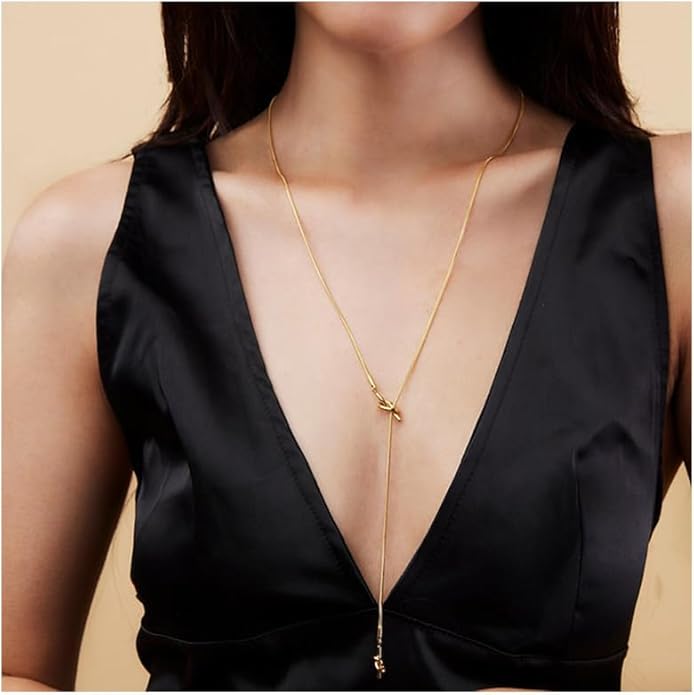Lariat Necklaces for Women, Dainty Minimalist Knotted Rope Design Pendant Long Y Necklaces 18k Gold Plated Trendy Chain Jewelry