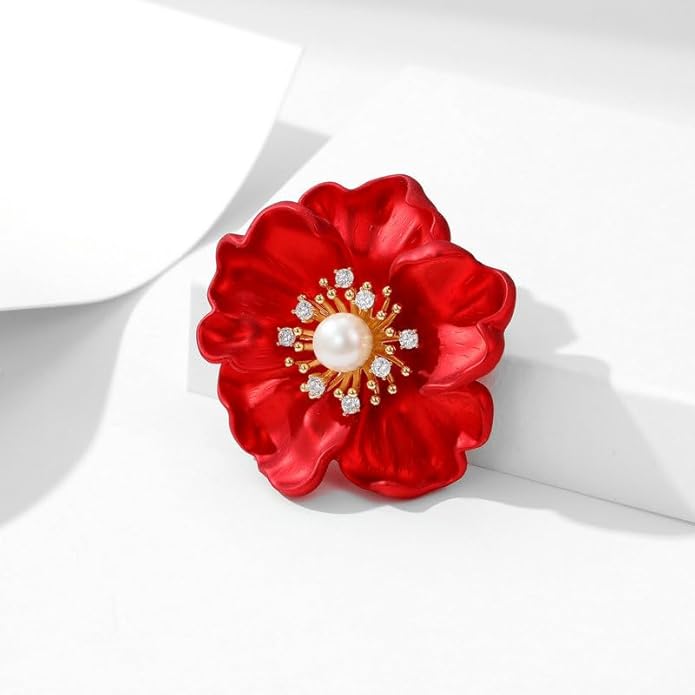 14K Gold Peony Flower Brooch with Freshwater Pearls - Elegant Red Rose Inspired Pin, Ideal for Formal & Bridal Wear, Unique Gift for Her