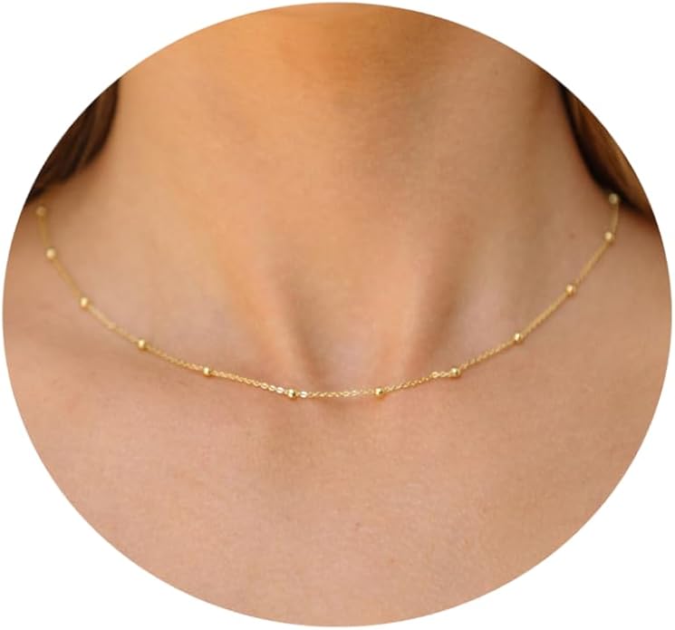 Gold Chain Necklace for Women Dainty 18K Gold Plated Thin Satellite Beaded Turquoise Necklace Simple Gold Boho Jewelry