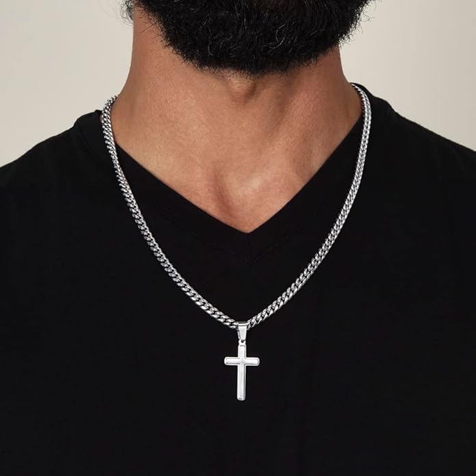 FLAGISTA To My Man Cross Necklace, Stainless Steel Cross Pendant with Adjustable Cuban Link Chain, Meaningful Gift for Him.