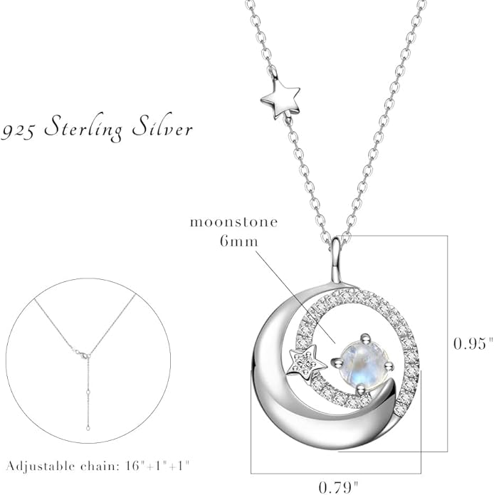 FANCIME Birthstone Necklaces 925 Sterling Silver Moon and Star Pendant Fine Jewelry Birthday Christmas Gifts for Mom Wife Her Daughter, Adjustable Chain 16+2"