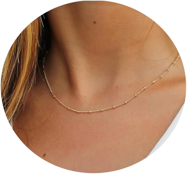 Gold Chain Necklace for Women Dainty 18K Gold Plated Thin Satellite Beaded Turquoise Necklace Simple Gold Boho Jewelry