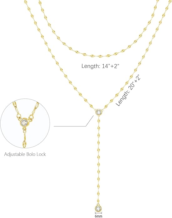Zeffy Lariat Gold Necklace for Women, Dainty Long Necklace 14k Gold/Silver Plated Layered CZ Beaded Bar Chain Y-Shaped Body Chain Stack Drop Wedding Necklace Trendy Simple Gold Jewelry Gifts