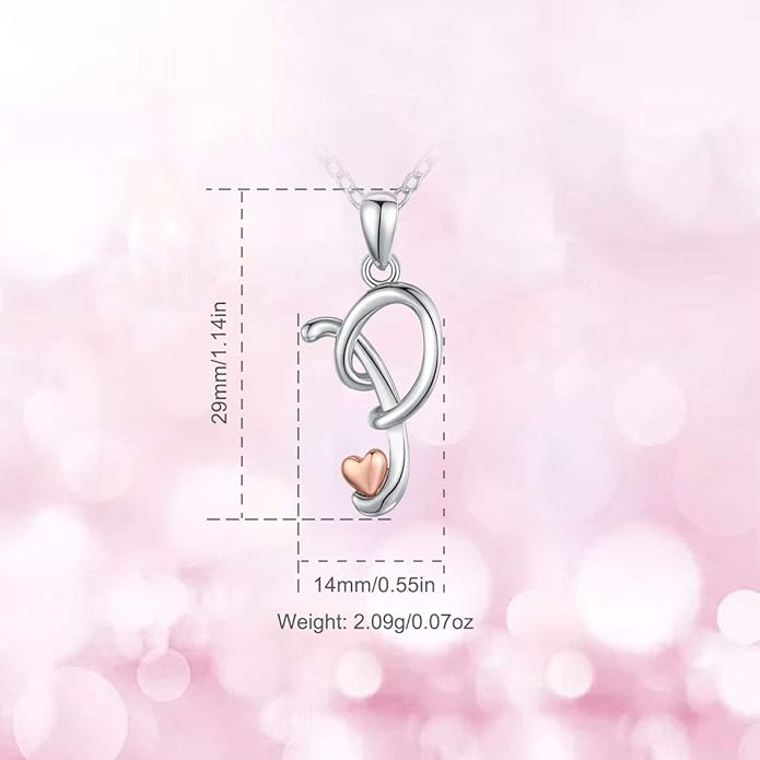 CELESTIA 925 Sterling Silver Initial Necklaces 26 Letter with Rose Gold Heart - 18 Inch Chain