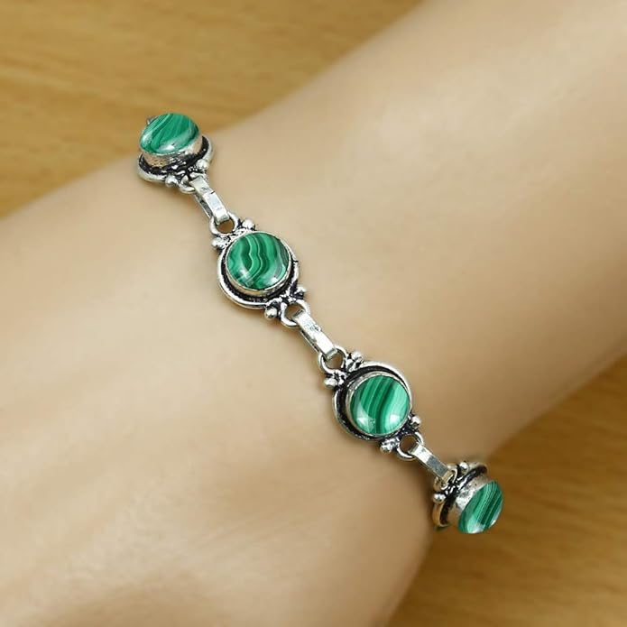 Round Shape Natural & Synthetic Gemstones Silver Plated Bracelets for Women - Vintage Bohemian Style Handmade Birthstone Adjustable Link Bracelet Jewelry Gifts for Wedding Anniversary Mother's Day