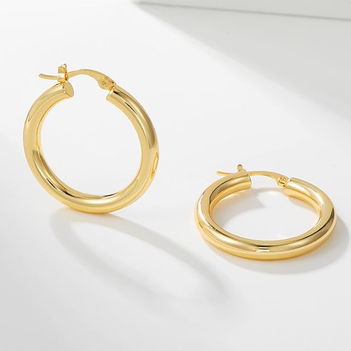 4mm Thick Gold Chunky Earrings Steling Silver Post Hoops Earrings For Women Hollow Tube Hoops Earrings Thick Gold Hoop Earrings Hypoallergenic Lightweight Gold Hoop Large Earrings 20/30/40/50/60MM