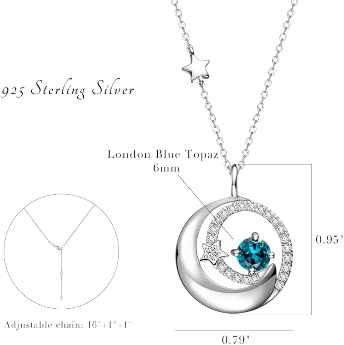 FANCIME Birthstone Necklaces 925 Sterling Silver Moon and Star Pendant Fine Jewelry Birthday Christmas Gifts for Mom Wife Her Daughter, Adjustable Chain 16+2"