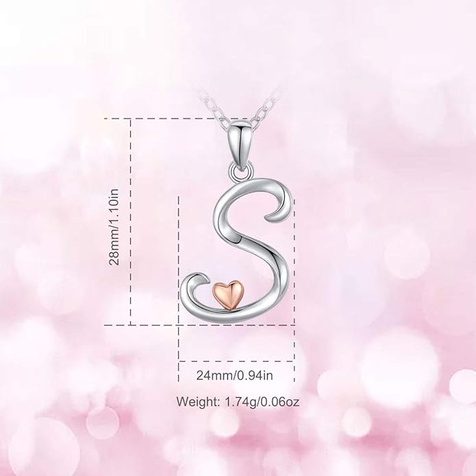 CELESTIA 925 Sterling Silver Initial Necklaces 26 Letter with Rose Gold Heart - 18 Inch Chain