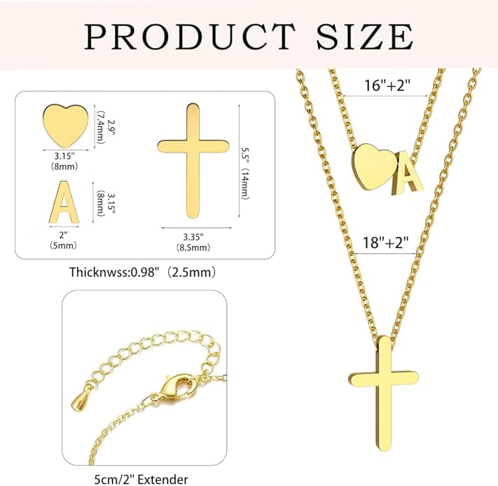 Cross Necklace, Layered Initial Necklaces for Women,Dainty 18K Real Gold Plated Heart Initial Necklace, Personalized Gifts for Women Teen Jewelry