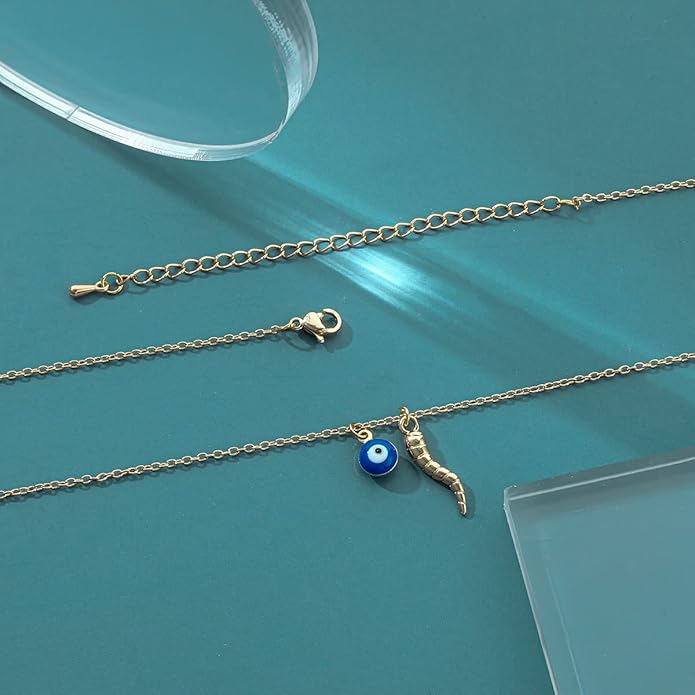Dainty Blue Evil Eye Charm Horn Pendant Necklace for Women's Spiritual Protection Jewelry 14K Gold Plated