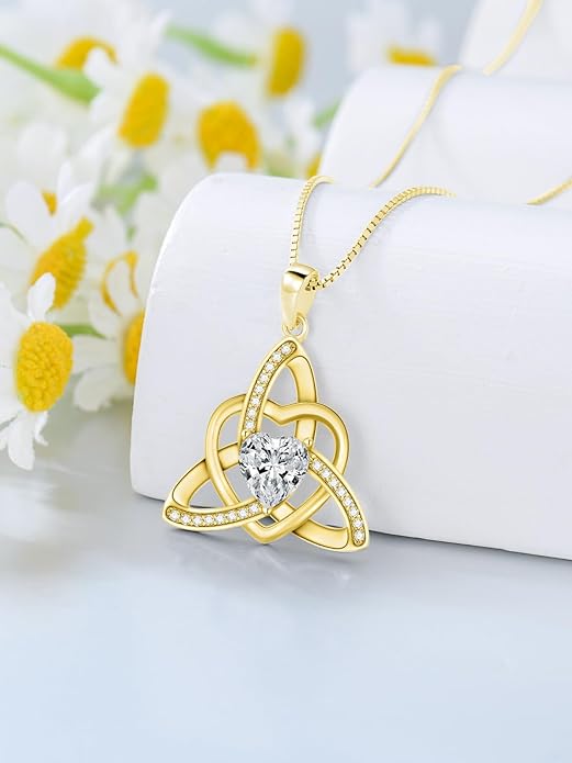 1CT Heart Moissanite Celtic Knot Necklace for Women, 925 Sterling Silver Diamond Trinity Knot Celtic Pendant Necklace Irish Jewelry, Birthday Christmas Valentines Day Gift for Her Wife Mom, 18+2 Inch