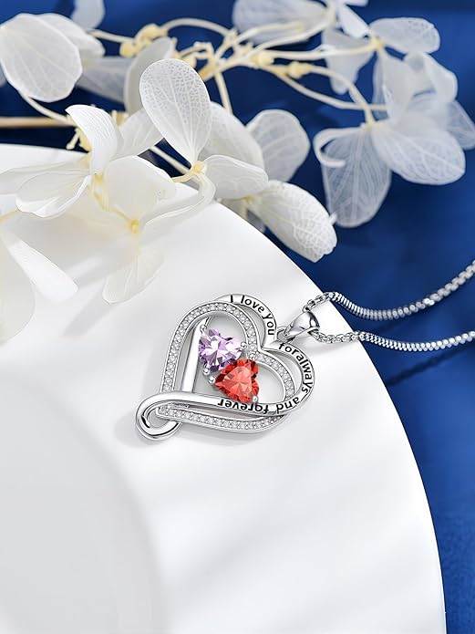I Love You for Awlays and Forever Double Heart Necklace with Birthstone, 2 Birth Stone Jewelry Anniversary Valentines Mothers Day Christmas Birthday Gifts for Women Her Wife Girlfriend Mom Mother
