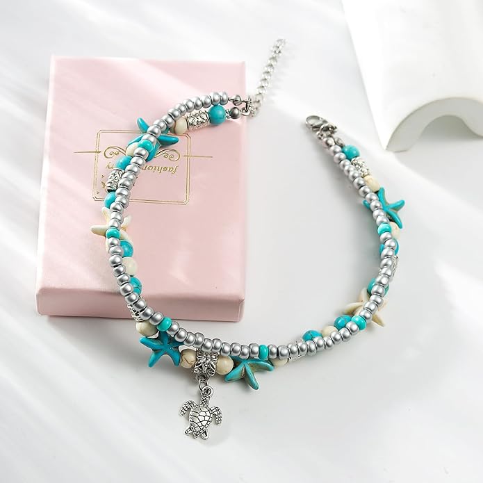 Starain Blue Turtle Anklets for Women Multilayer Beads Handmade Beach Ankle Bracelet Set Boho Foot Jewelry