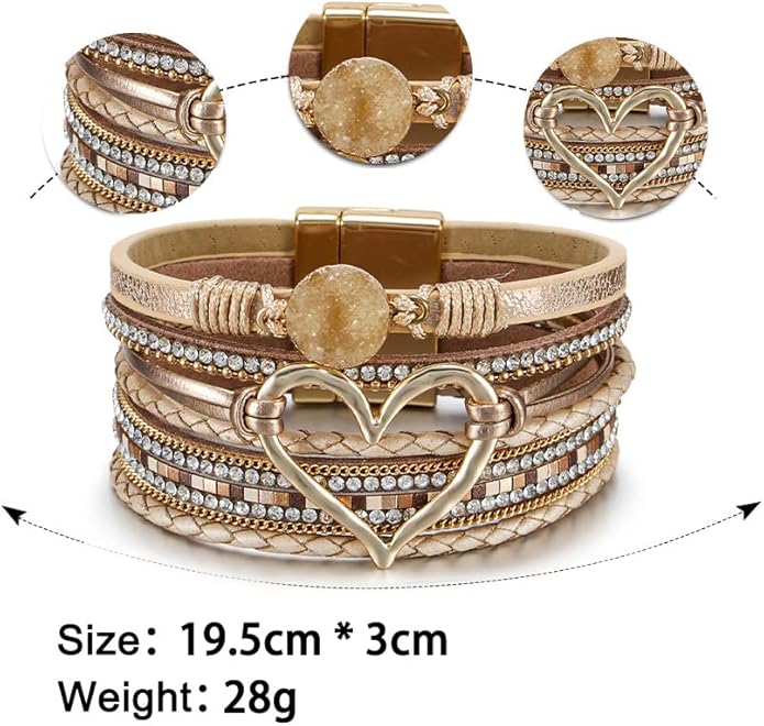 Fesciory Leopard Bracelet for Women, Boho Leather Wrap Multi-Layer Pearl Crystal Bracelet Bangle Jewelry