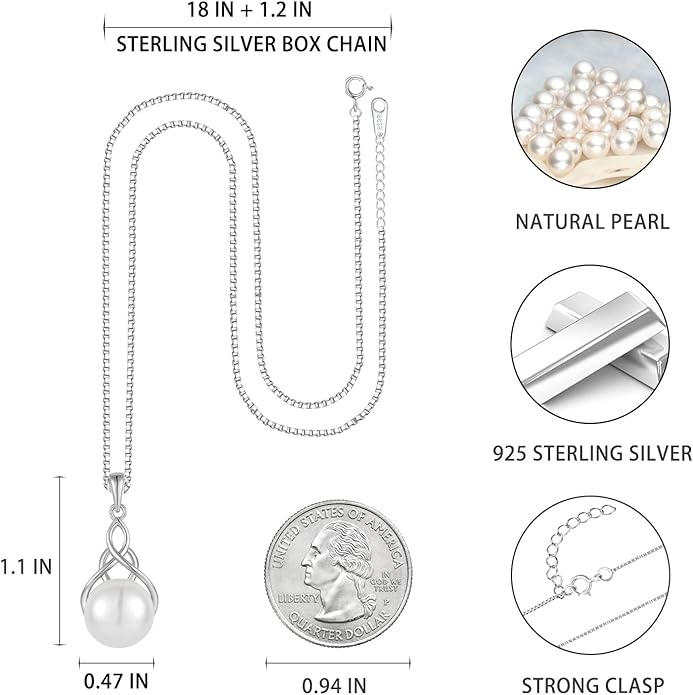 Veshon Celtic Infinity Pearl Pendant Necklace for Women, 925 Sterling Silver Good Luck Irish Pendant with 10MM Freshwater Cultured Pearl, White/Rose/ 14K Gold Plated Jewelry Gift