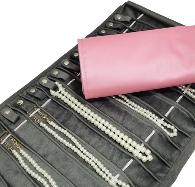 SCIKHEFT Portable Jewelry Roll Untangled Secure Necklace Travel Storage Bag Displays Holder 16 Chain (Pink PU and gray velvet)