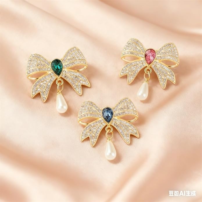 3PCS Vintage Pearl Rhinestone Bow Brooch Gold Brooches and Pins for Women Red Blue Green Gemstone Pearl Brooch Pins for Dresses Womens Clothes Corsage Clothing Accessories Jewelry Pins and Brooches