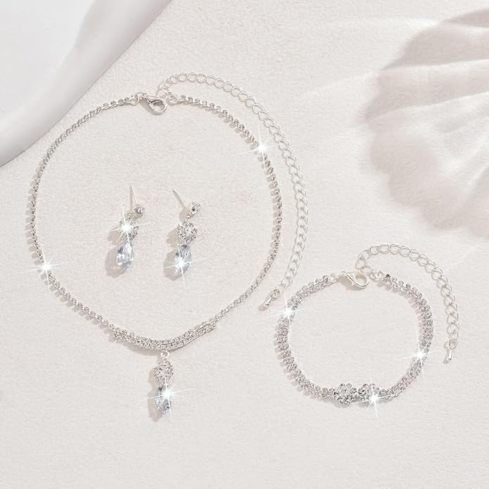 MIFYNN Rhinestone Wedding Set for Women Sparkle Crystal Earrings Necklace Bracelet Jewelry Set Wedding Party Prom Jewelry Set for Brides Bridesmaid