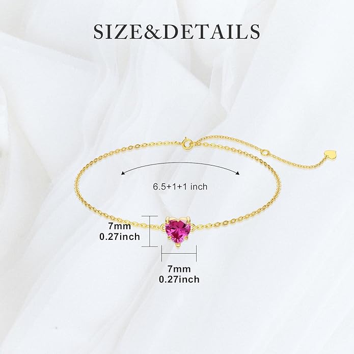 14k Gold Love Heart Gemstone Bracelet for Women,7MM Heart-cut Created Birthstone Anniversary Birthday Mother's Day Bracelets Jewelry for Mom Her 6.5''+2''