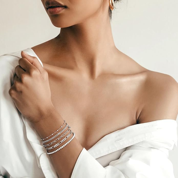 adoyi Gold Bracelets for Women, 14K Gold Plated Stackable Bracelet Stack Set Adjustable Charm Paperclip Chain Cuban Link Layered Waterproof Jewelry Sets Gifts for Womens 6.0/6.8/7.2"