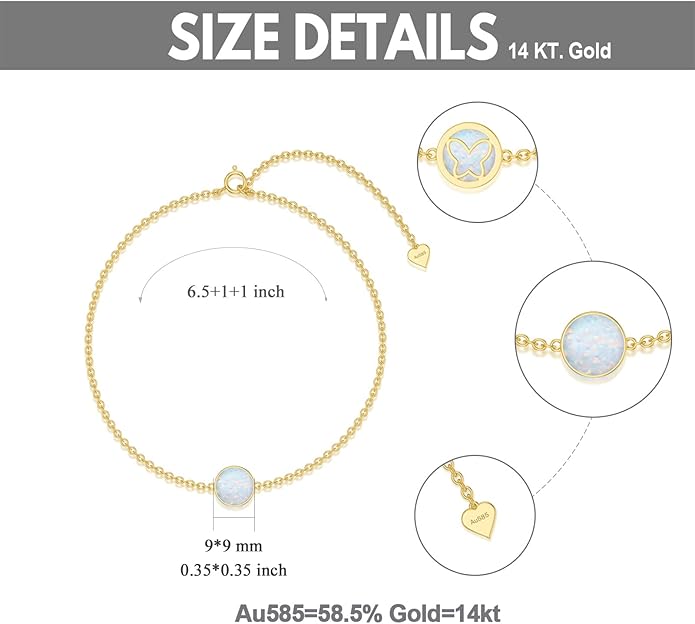 YDD 14k Solid Gold Butterfly Bracelet for Women Opal Butterfly Bracelets for Women Gold Opal Bracelet Opal Jewelry Gift for Her 6.5''-8.5''