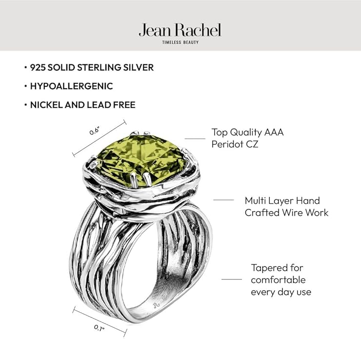 JEAN RACHEL JEWELRY 925 Sterling Silver Ring - Wrap Vintage Design with Cushion Shaped Cubic Zirconia - Hypoallergenic, Lead & Nickel Free - Artisan Handcrafted Statement Rings for Women