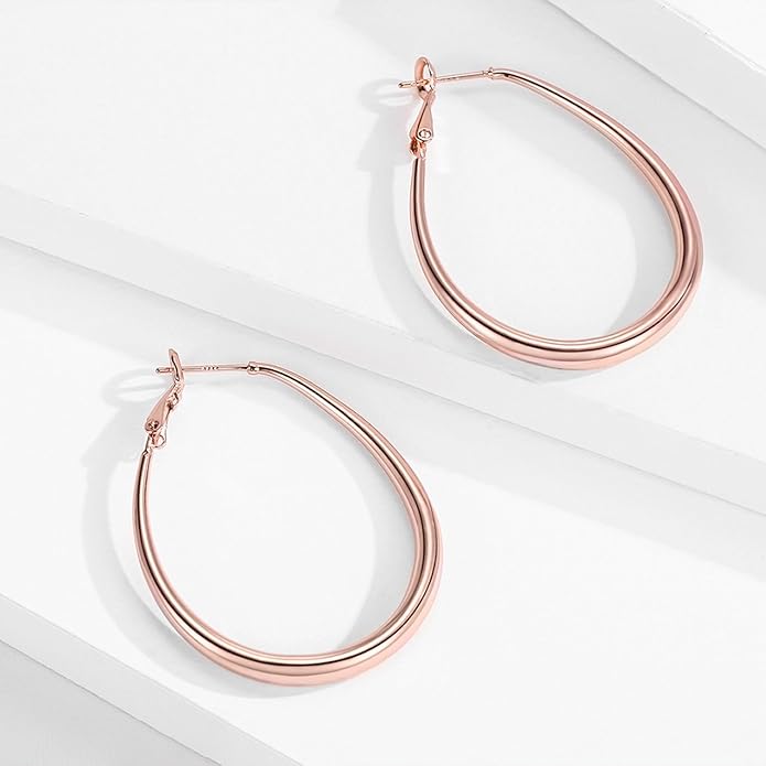 Lightweight Oval Hoop Earrings for Women - 14K Gold Plated, Rose Gold Plated and Sterling Silver Plated Large Oblong Hoop Earrings for Women Statement Jewelry Gift