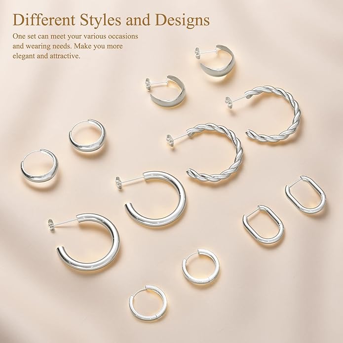 6 Pairs Gold Hoop Earrings Set for Women, Hypoallergenic 14K Gold Chunky Earrings, Lightweight Small Thin Cute Dainty Trendy Clip On Jewelry Gifts for Womens for Multiple Piercing (Gold & Silver)
