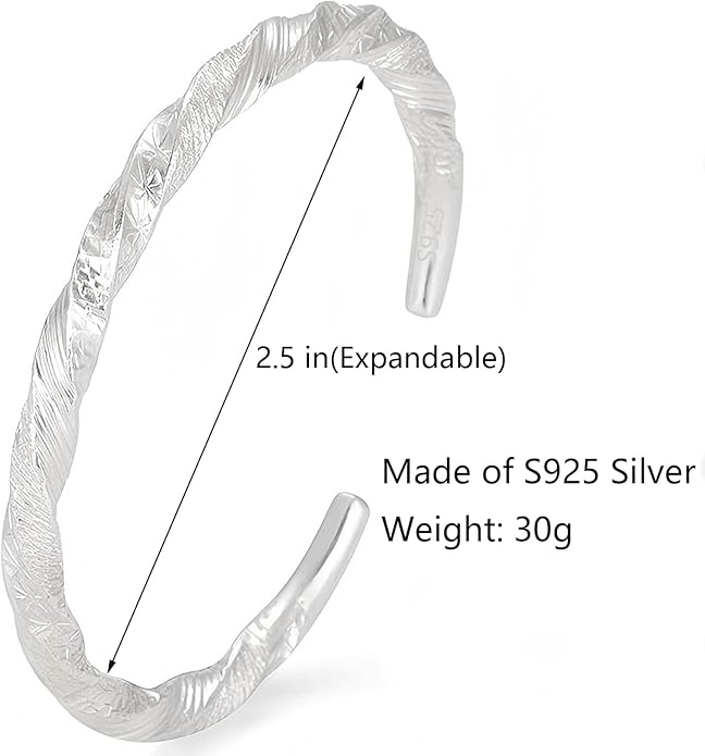 Kim Carrey S925 Sterling Silver Bracelet, Open Bangle Cuff Design, Men's Stacked Bracelets Gift Jewelry for My Man