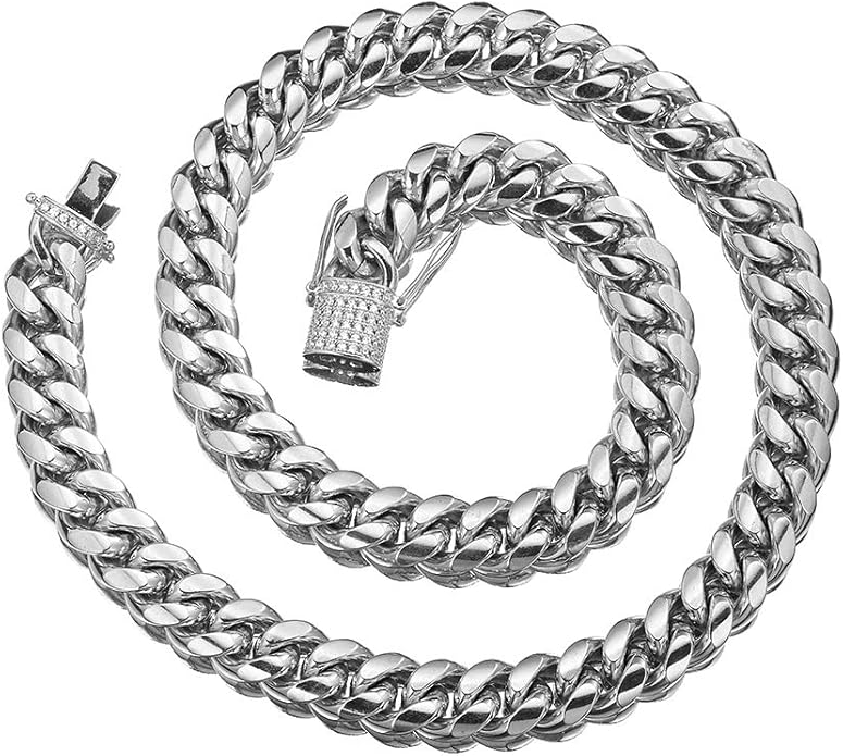 Jxlepe Mens Miami Cuban Link Chain White 15mm Stainless Steel Curb Necklace with cz Diamond Chain Choker