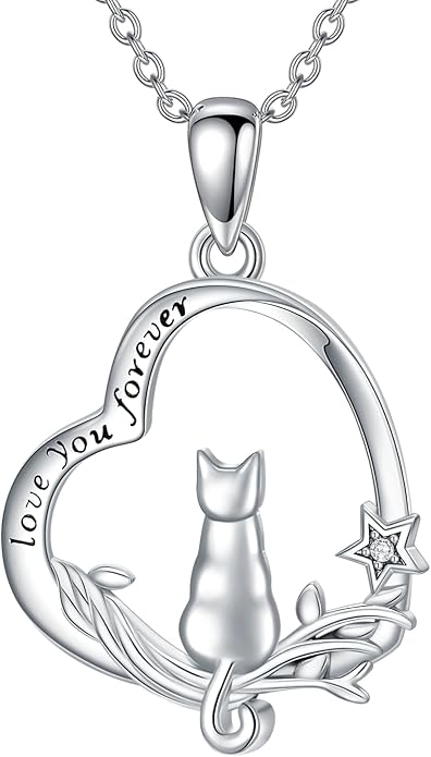 Cat Gifts for Women 925 Sterling Silver Heart Moon Cat Necklace Pendant Women Jewelry Halloween Christmas Gifts
