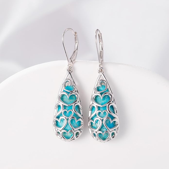Turquoise Earrings for Women, 925 Sterling Silver Leverback Teardrop Earrings,Vintage Boho Western Turquoise Jewelry