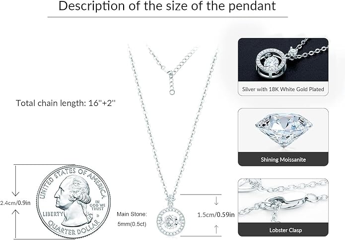 AINUOSHI Moissanite Necklace for Women, 1CT, 2CT, 3CT, 4CT Solitaire Moissanite Pendant Necklace, D-E Color with GRA Certificate, 925 Sterling Silver with 18K Gold Plating, Mother Mom Wife Girlfriend Gifts with Jewelry Box Packed