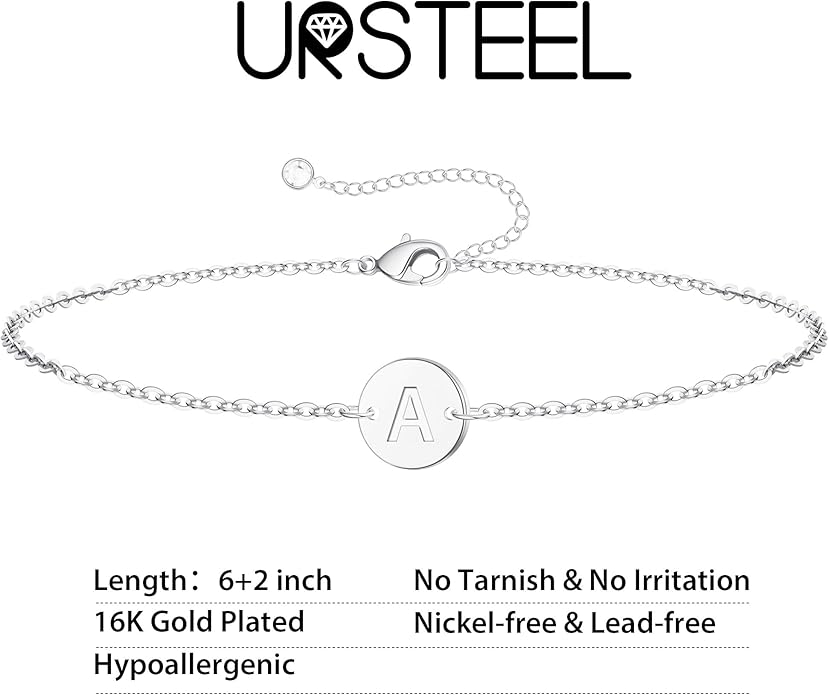 Ursteel Gold Initial Bracelet for Women Trendy - Personalized A-Z Letter Cute Bracelet for Women, Dainty Gold Coin Disc Womens Jewelry Gifts