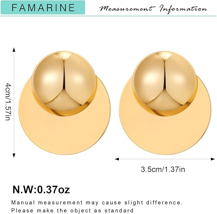 FAMARINE Big Disc Drop Earrings Gold Dangle Earrings Round Hammered Earrings Women