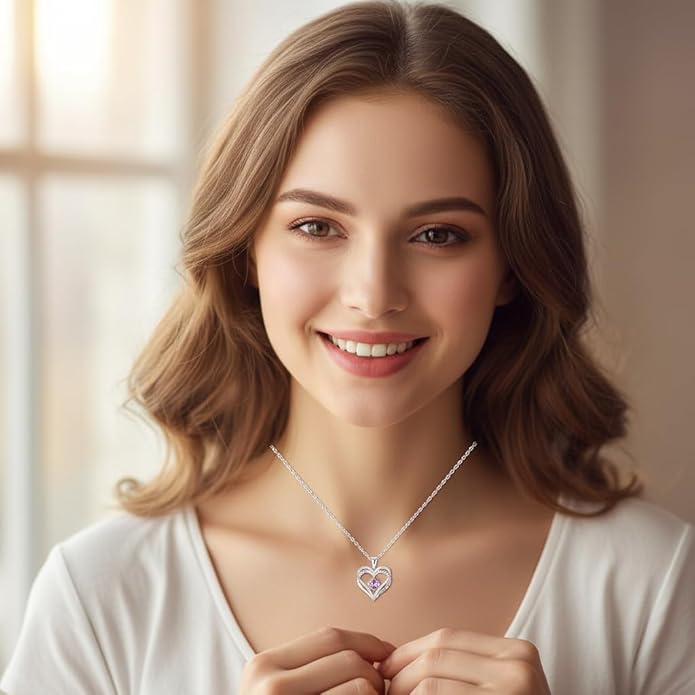 Birthstone Heart Necklace for Women Wife Girlfriend Mom Daughter Gifts S925 Silver Jewelry For Anniversary Rose Gold Gifts For Birthday Christmas Mothers Valentines Day