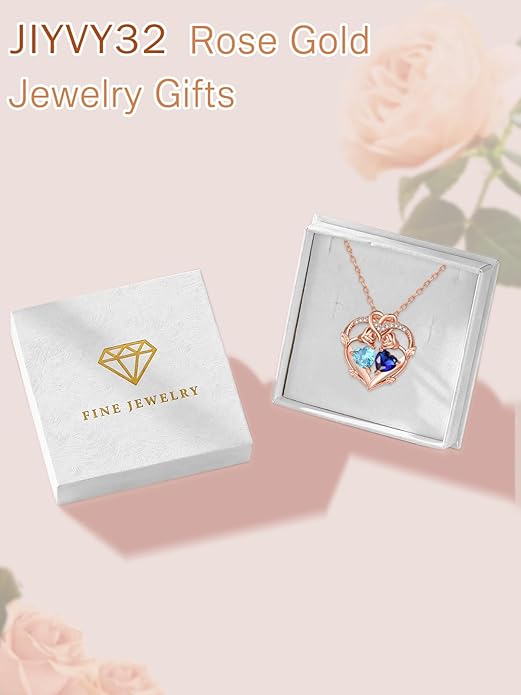Rose Gold Necklaces for Women Double Birthstone Rose Flower Heart Pendant Necklace Jewelry Anniversary Christmas Valentine's Mother's Day Birthday Gift for Wife Mom Her Girlfriend Sister