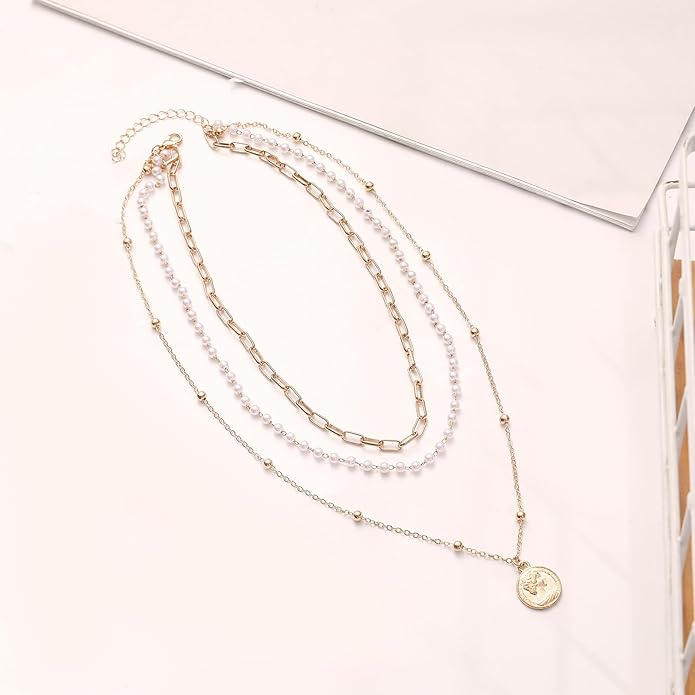 Layered Round Pendant Necklace Gold Plated Dainty Multilayer Choker Layering for Women Necklaces Stylish Minimalist Pendants Simple Chain Stacked Necklace Jewelry Gifts