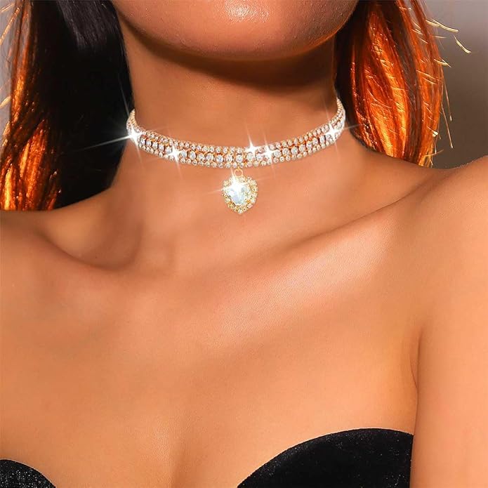 CLOACE Rhinestone Choker Necklace Heart Pendant Diamond Row Necklaces Sparkly Crystal Prom Chain Jewerly Accessories for Women