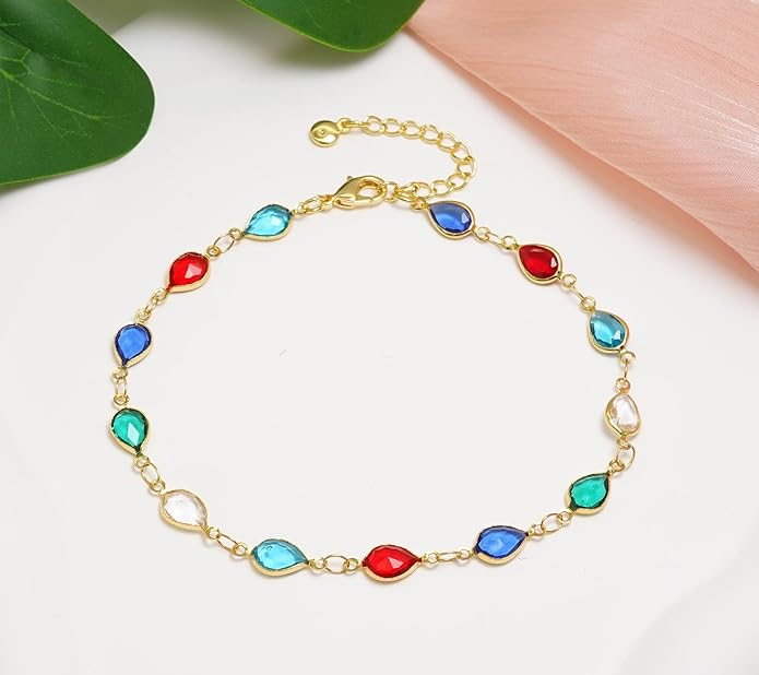 18K Gold Plated Anklet for Women Multicolor Crystal Ankle Bracelets Boho Adjustable Chain Anklets
