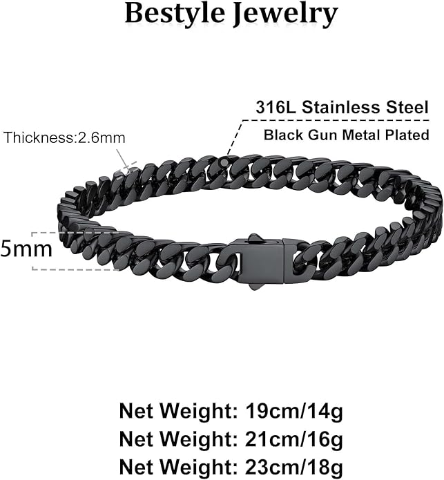 Bestyle Thick Mens Cuban Link Chain Bracelets, Durable Real 18K Gold/Black Metal Plated Solid Stainless Steel Hand Chain Cuban Bracelets for Men, Silver Black Gold Bracelets for Father Husband