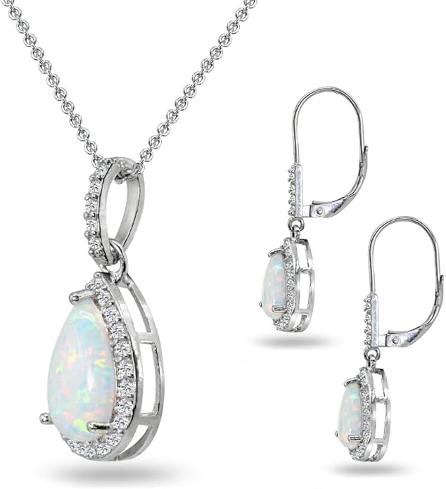 Jewelry Sets for Women, Necklace and Earring Sets for Women, Birthstone Jewelry, Genuine or Synthetic Gemstones, Teardrop Necklace and Dangle Earrings, Pendant Necklace, Sterling Silver Jewelry