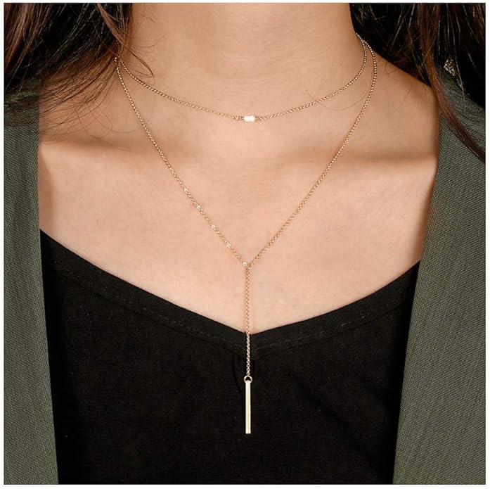 Turandoss Dainty Layered Choker Necklace, Handmade Y Pendant Necklace Multilayer Bar Disc Necklace Adjustable Layering Choker Necklaces for Women
