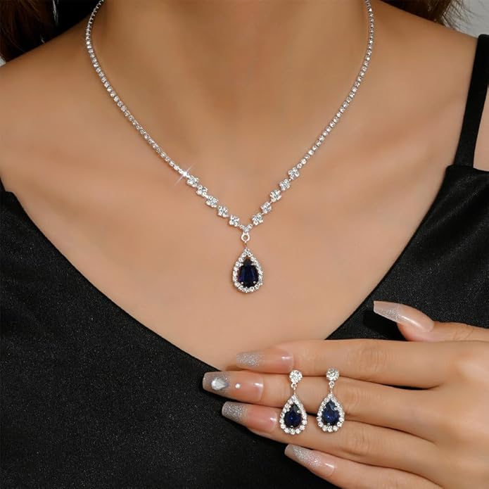 JczR.Y Rhinestone Tennis Necklace Earring Set Zircon Crystal Teardrop Pendant Necklaces Rhinestone Bridal Necklace Earrings for Women Wedding Gowns Prom Statement Jewelry Set