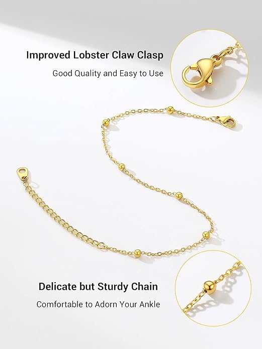 PROSTEEL Stainless Steel Chain Anklets for Women, Silver/Gold Tone, Ankle Bracelets Hypoallergenic, 8-10.5 Inch Adjustable, Come with Box