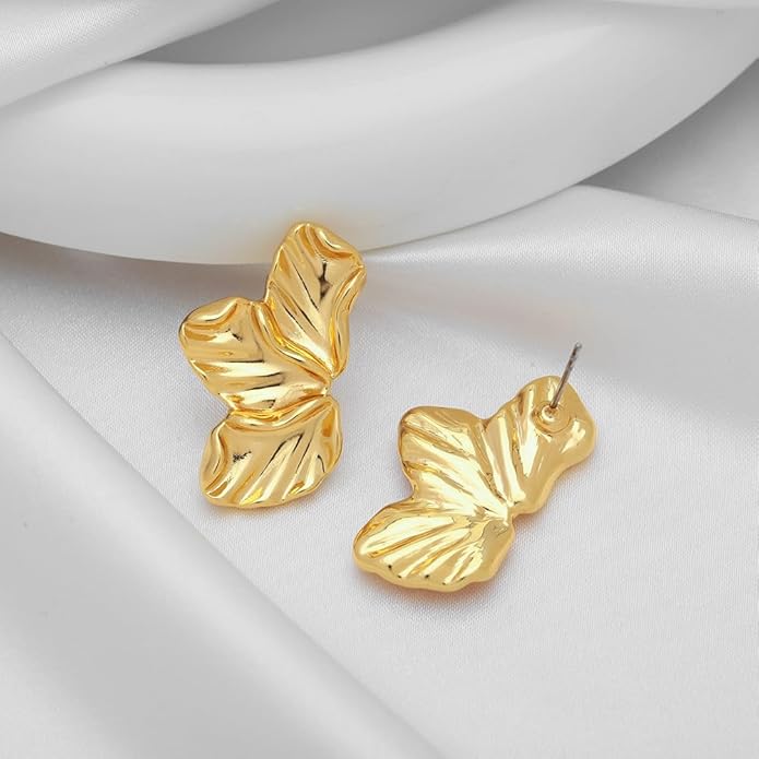 Chunky Gold Statement Earrings For Women Gold Plated Sectored Flower Leaf Shell Angel Wing Earrings Large Stud Earrings Hypoallergenic Earrings