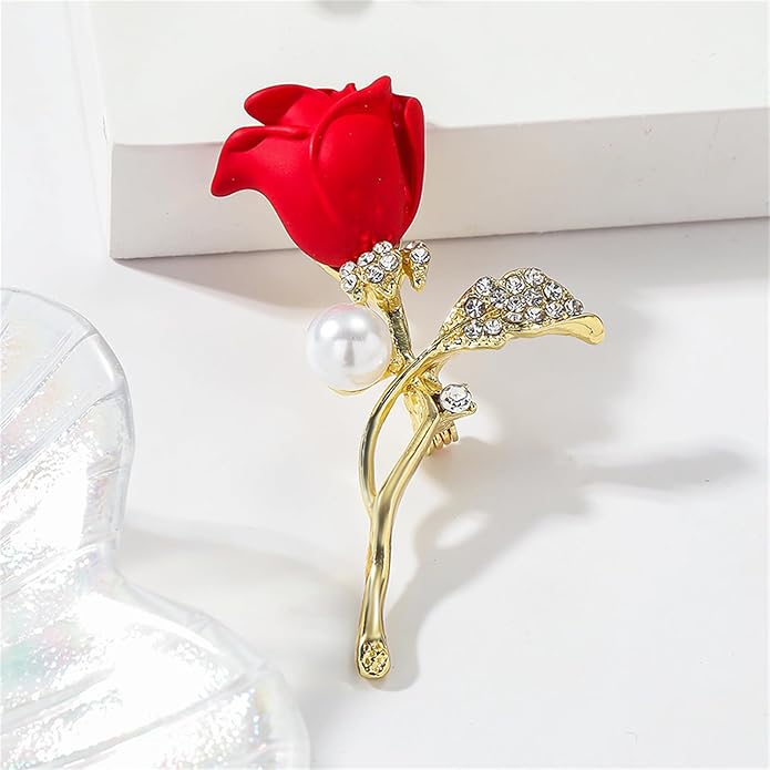 QLUYCKW Rose Flower Brooch Pin for Women Fashion Dainty Gold Plated 3D Red Roses Floral Crystal Brooch Pin Birthday Dress Suit Accessories Jewelry